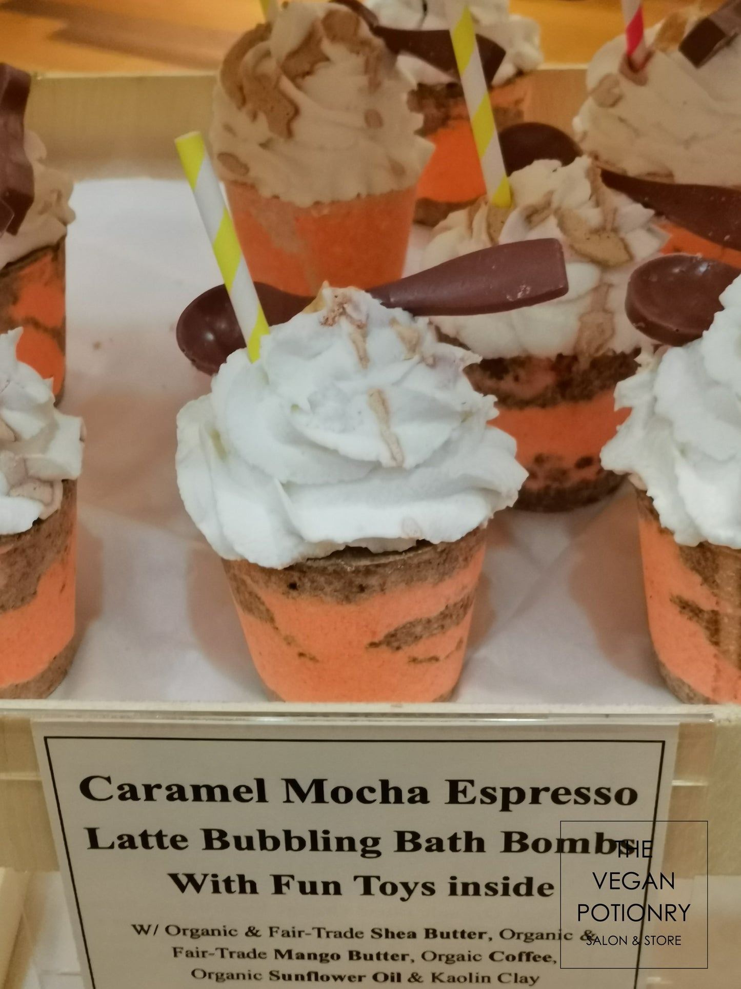 Coffee Latte & Frappe Bubbling Bath Bombs with toys inside | The Vegan Potionry |