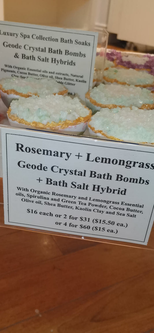 Rosemary + Lemongrass Salt Geode Crystal Bath Bomb Bath Salt Hybrid | Luxury Spa Collection Natural Bath Soaks