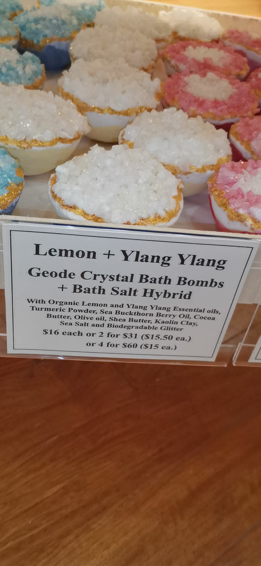 Lemon + Ylang Ylang Salt Geode Crystal Bath Bomb Bath Salt Hybrid | Luxury Spa Collection Natural Bath Soaks