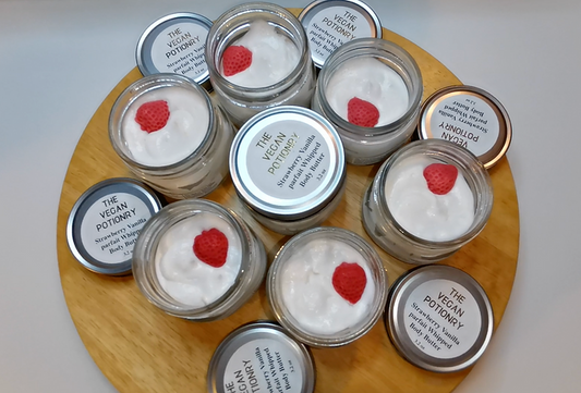 Strawberry Vanilla Parfait Whipped Body Butter | Chocolate Hazelnut Whipped Body Butter | Stretch Mark Magic Whipped Body Butter | Organic, Fair Trade and Natural Body Butters | The Vegan Potionry |